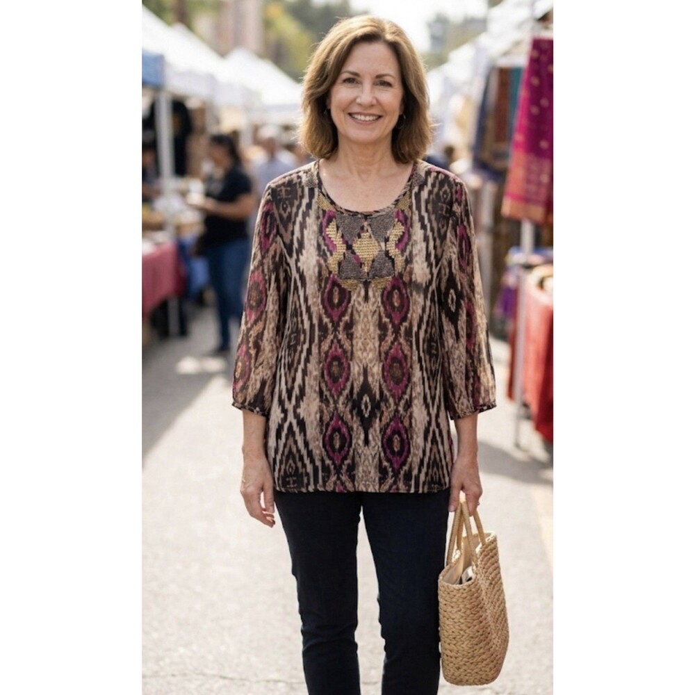 Chicos Women's Top Size 3 Sheer Animal Print Beaded Tunic